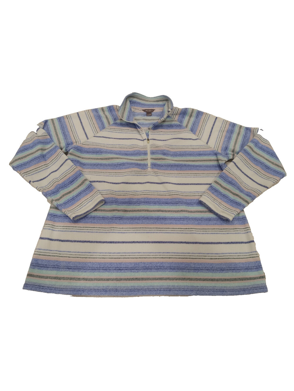 Eddie Bauer Quest Fleece Pullover Womens XL Stripe Blue White Tan 1/4 Zip Sweate